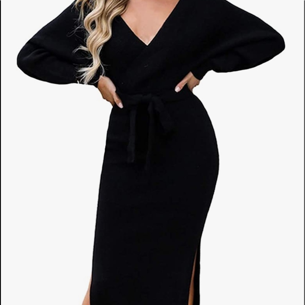 midi black sweater dress with tie